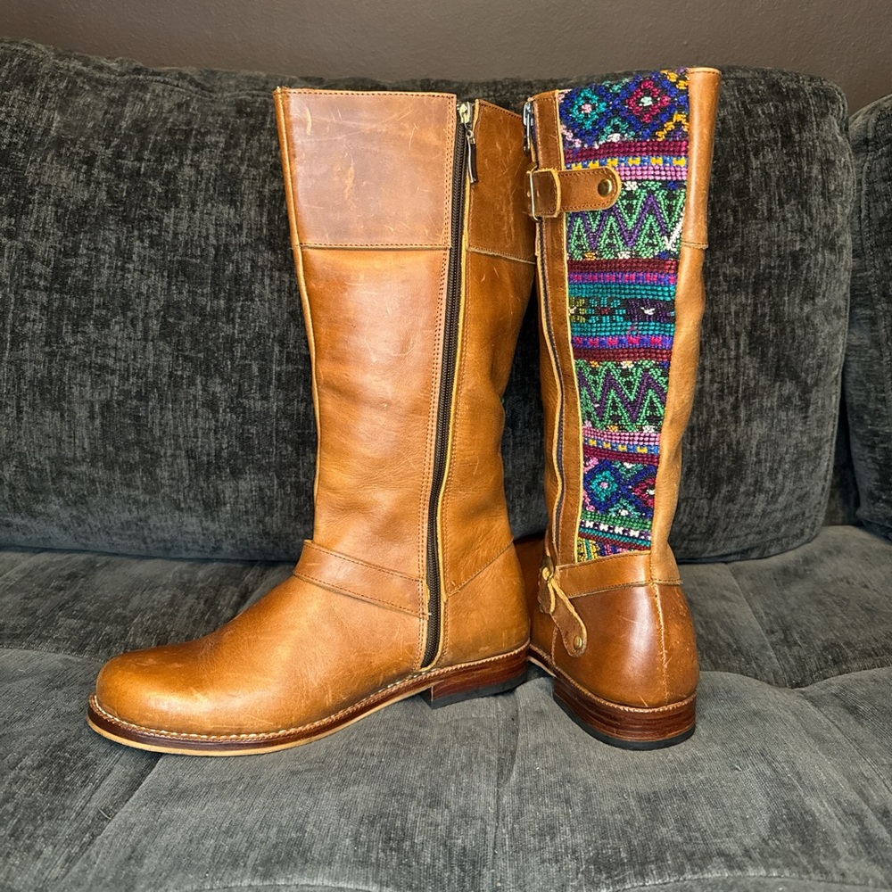 Genuine Brown Leather Boots With Multicolored Textile Detail, U.S. W’s 12